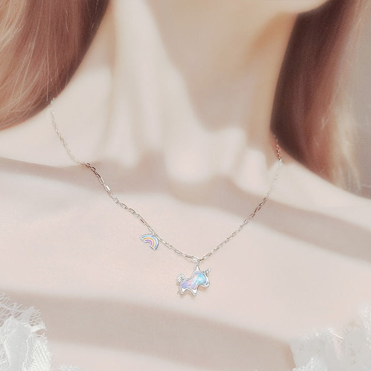 s925 silver fantasy rainbow unicorn necklace women&