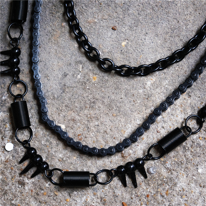 Black bicycle chain spring spiked three-layer metal trouser chains