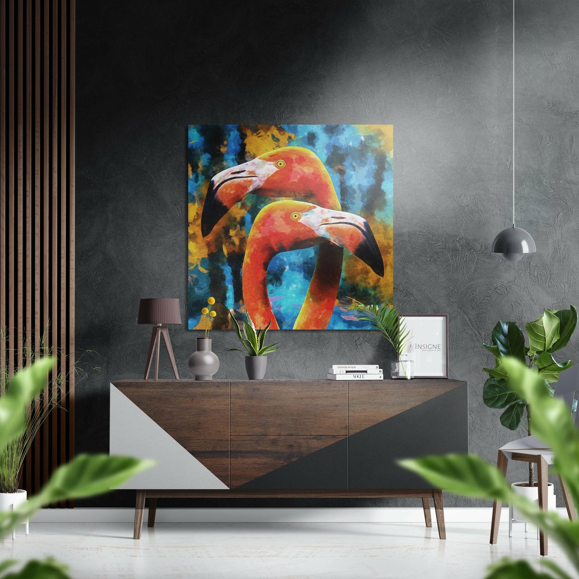 Two Painted Flamingos Teal Brushed Aluminium Dibond Wall Art