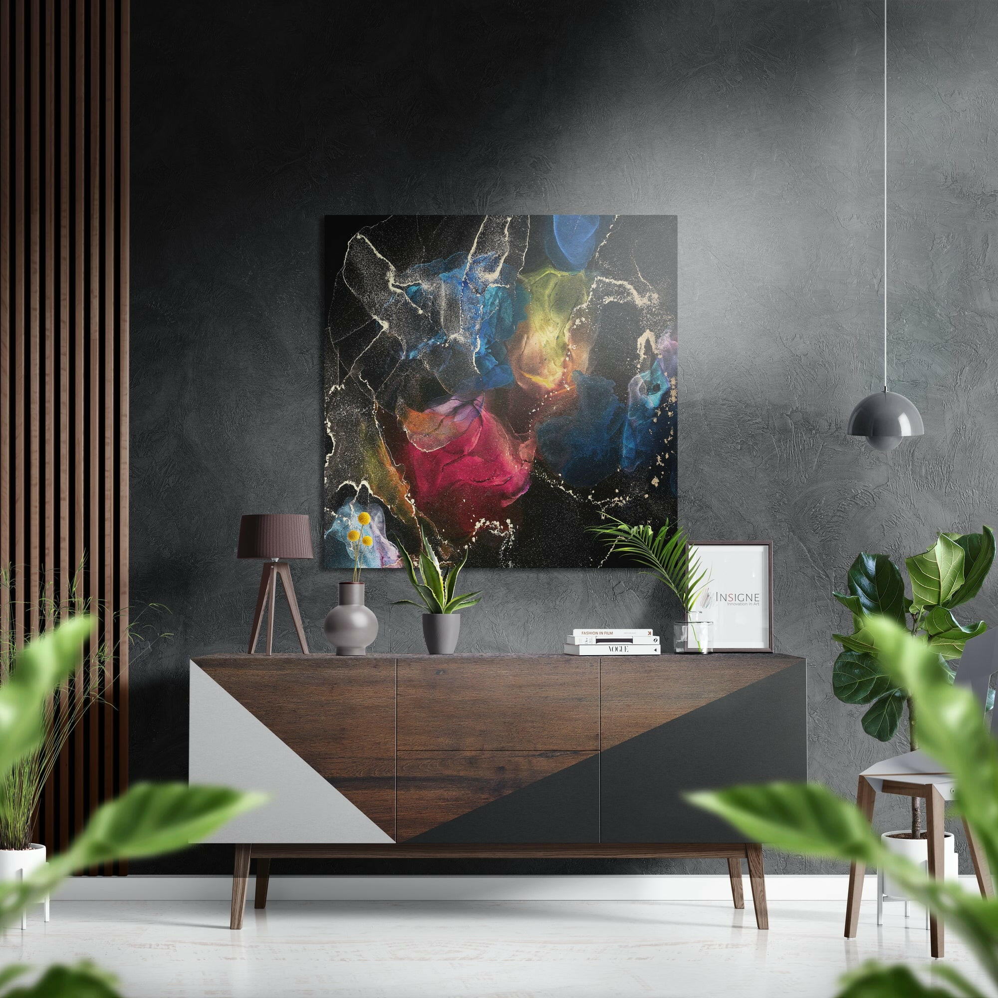 Rainbow Ink Bloom Black Brushed Aluminium Dibond Wall Art