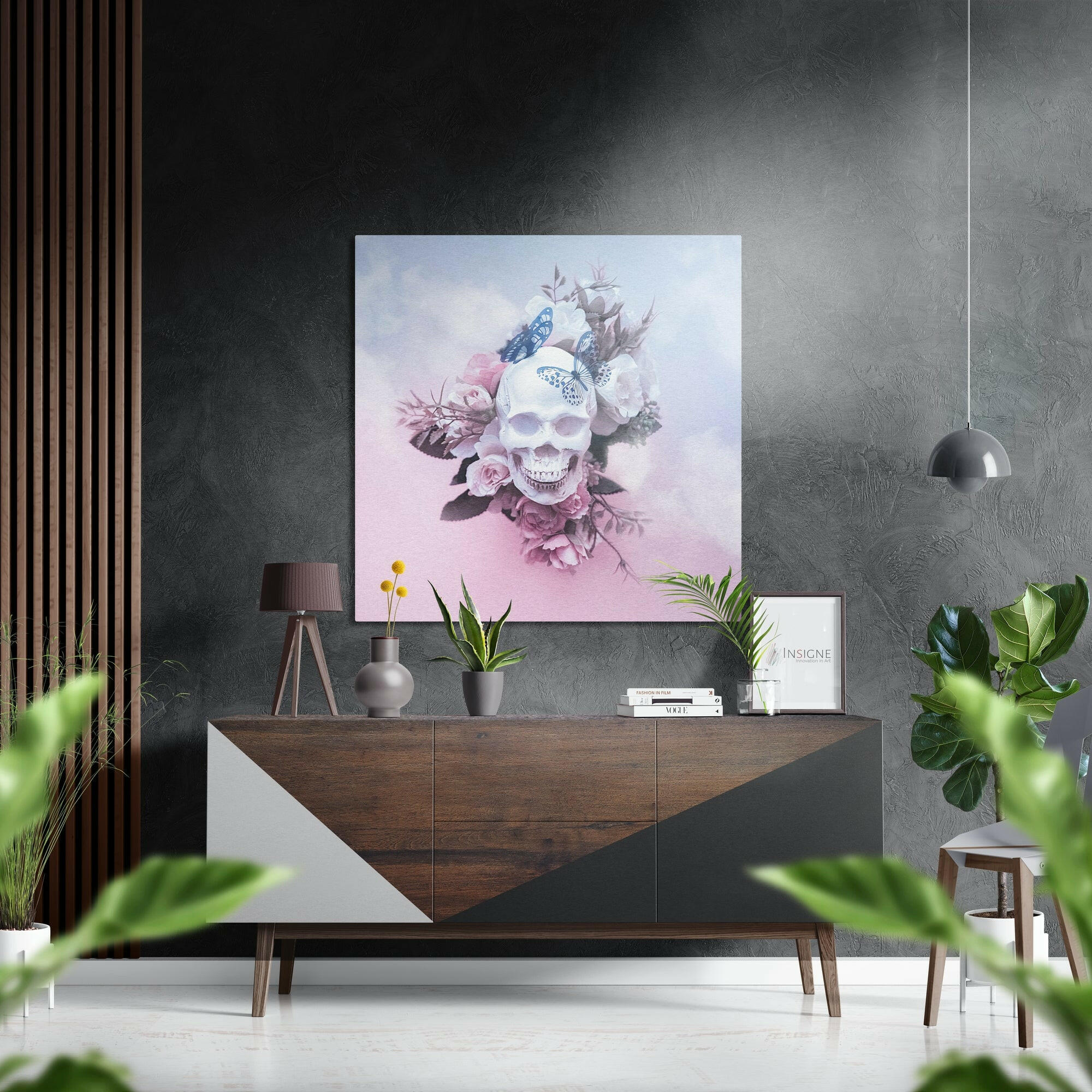 Cloudy Sky Rose Butterfly Skull Brushed Aluminium Dibond Wall Art
