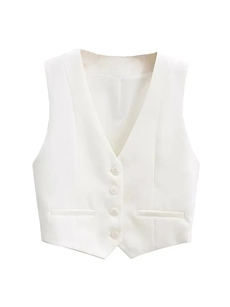 Vintage V Neck Sleeveless Female Outerwear White Chic Vests