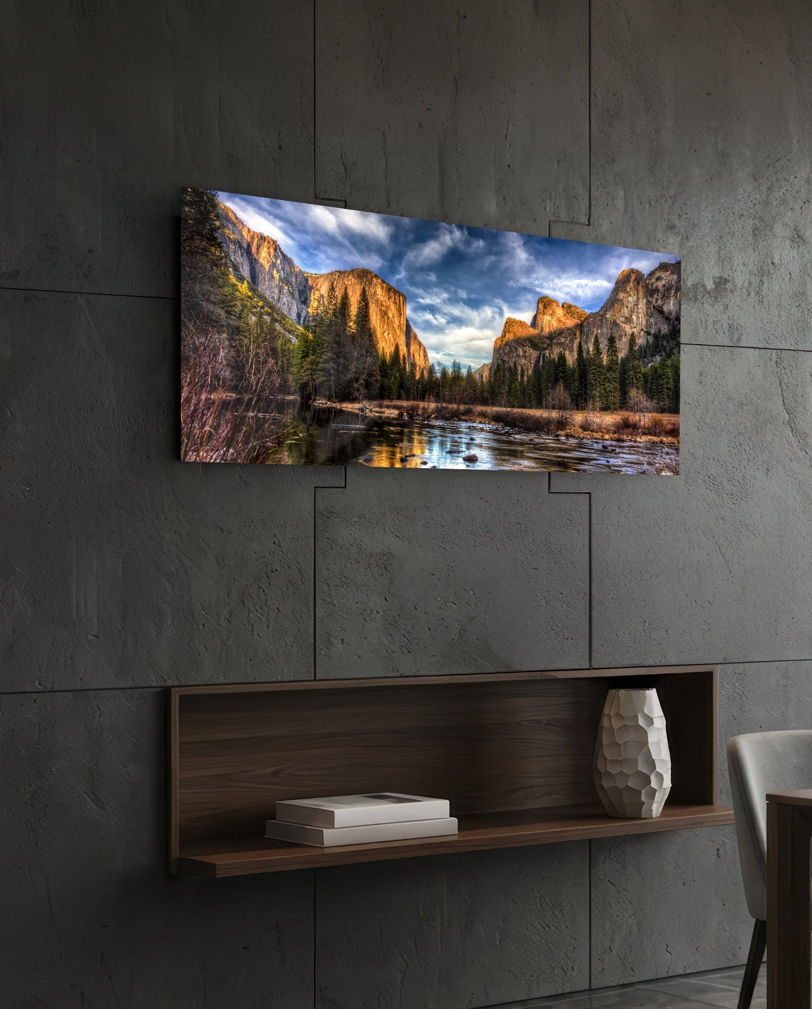 Golden Granite Cliffs River Valley Glass Wall Art