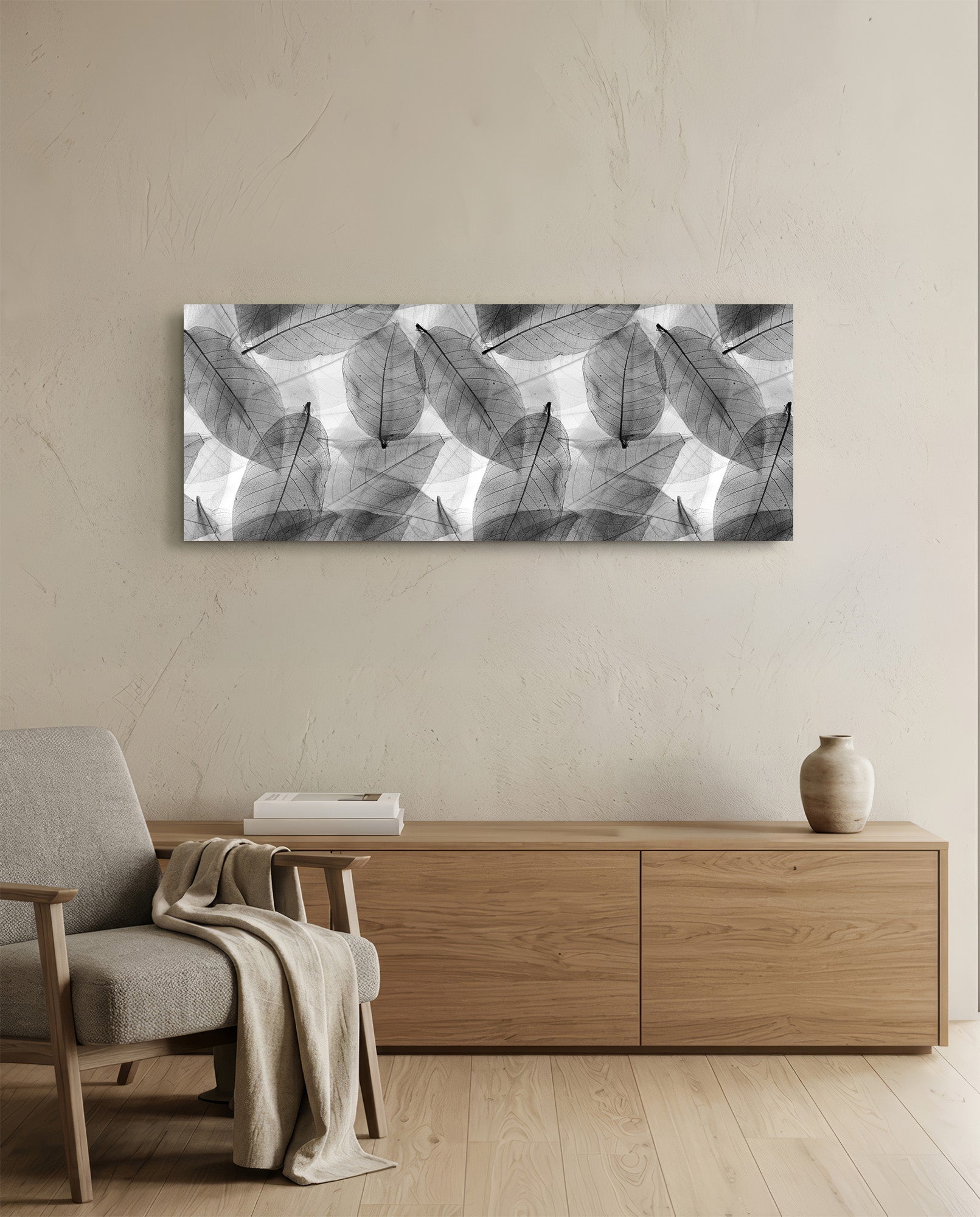Black - White Leaves Glass Wall Art (36"x14")