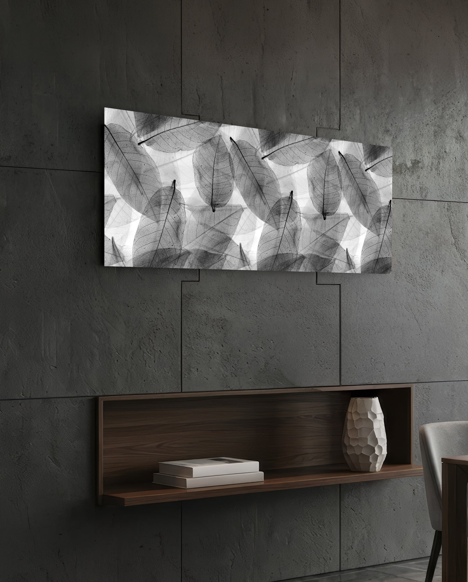 Black - White Leaves Glass Wall Art (36"x14")