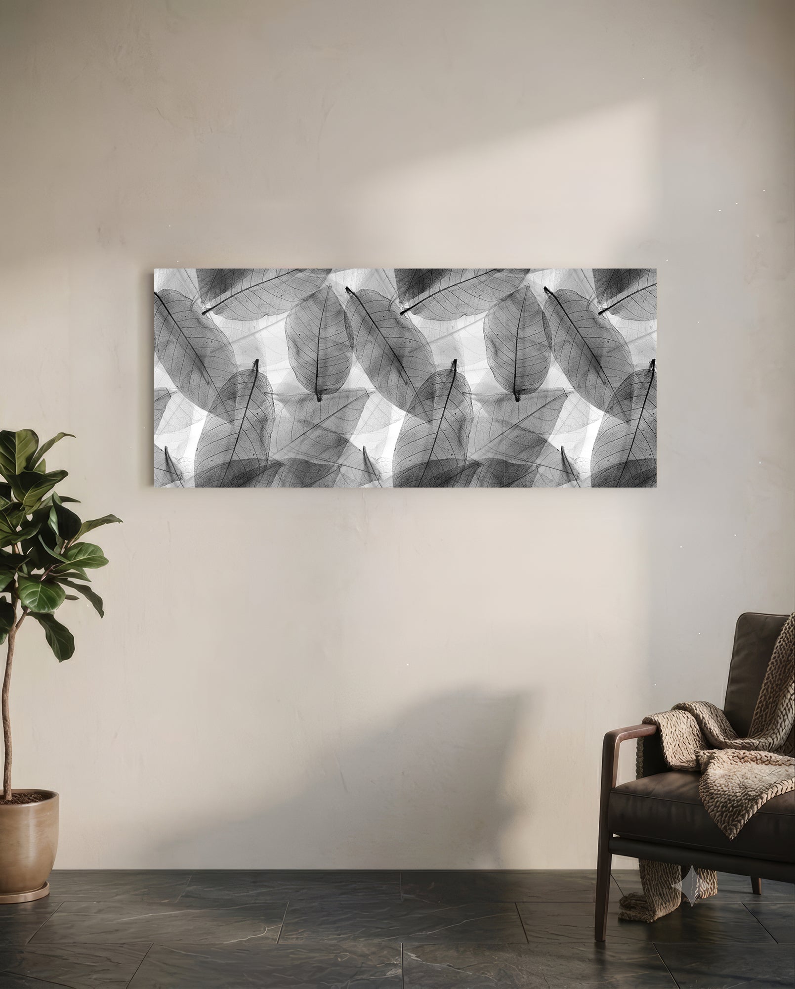 Black - White Leaves Glass Wall Art (36"x14")