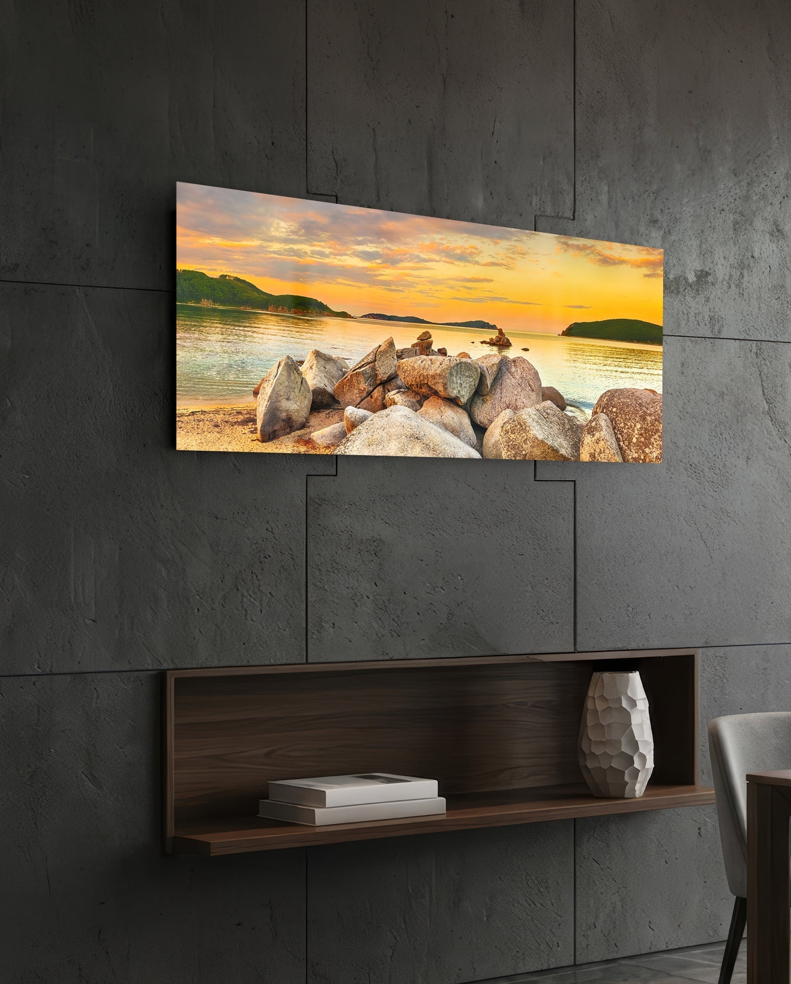 Boulder Pile Golden Sunset Bay Glass Wall Art