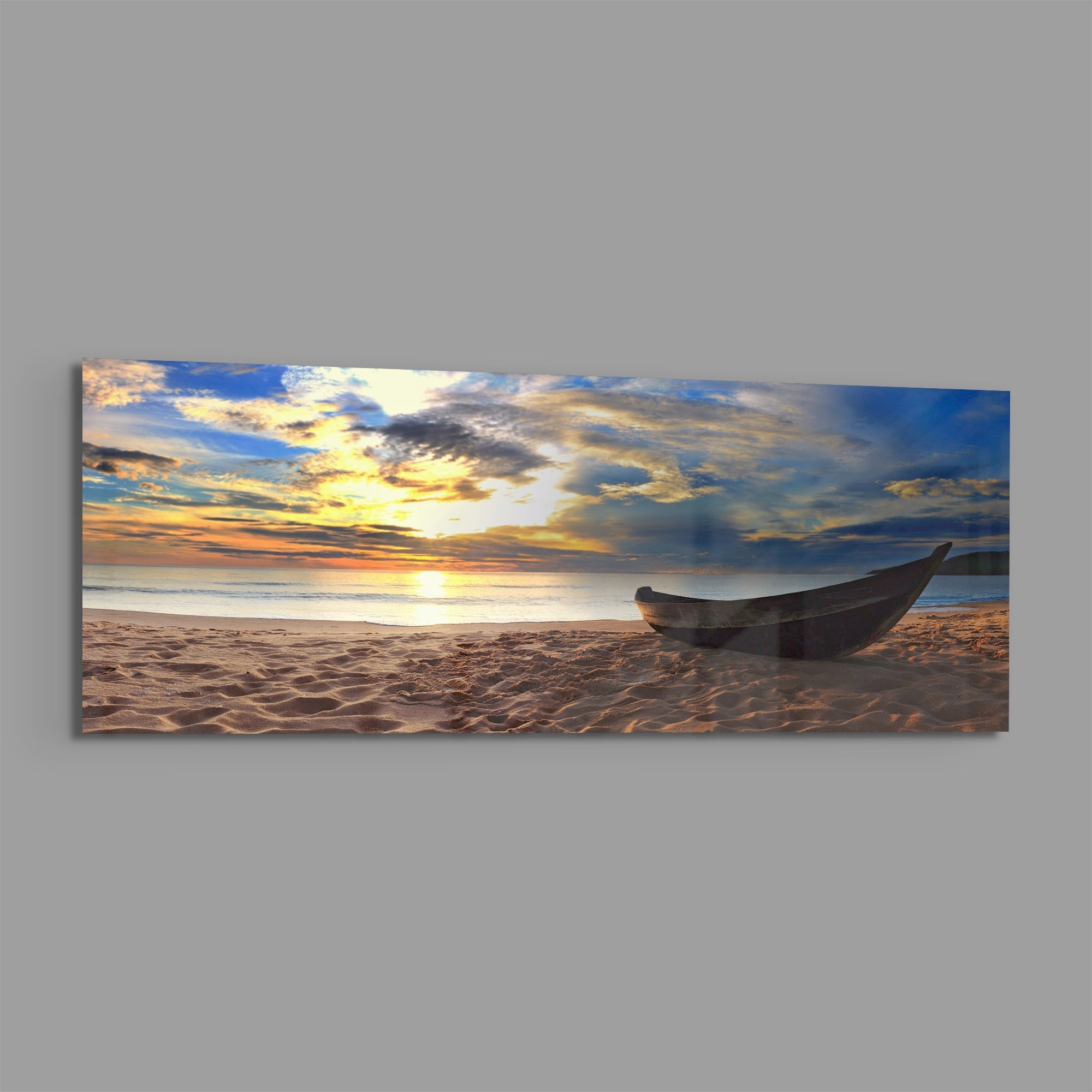 Wooden Boat Sunset Sandy Beach Glass Wall Art