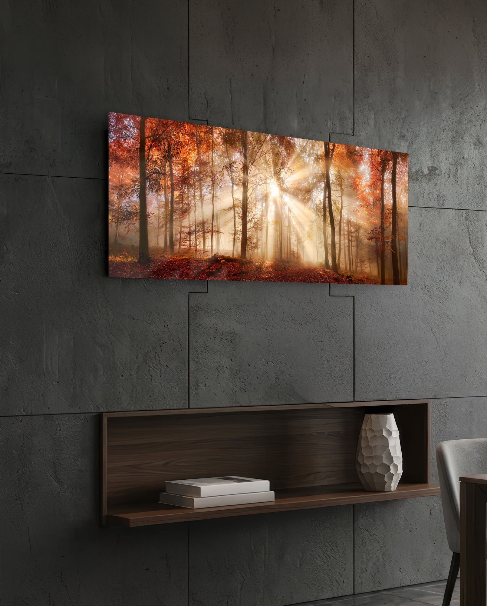 Amber Autumn Forest Light Rays Glass Wall Art