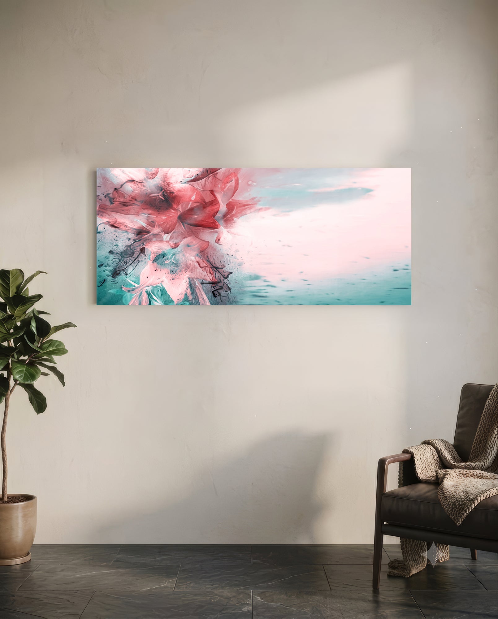 Coral And Teal Ink Burst Abstract Glass Wall Art