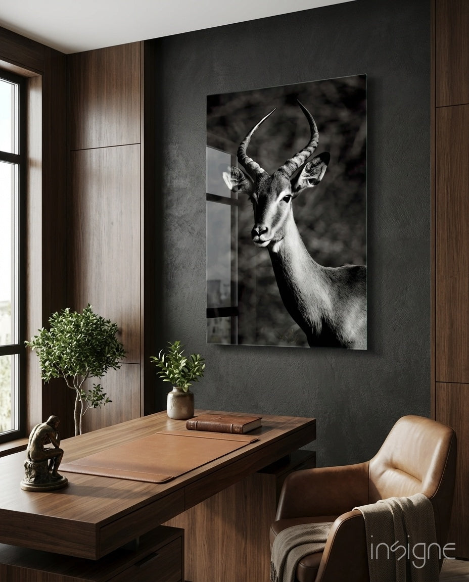 Black and White Impala Portrait Glass Wall Art