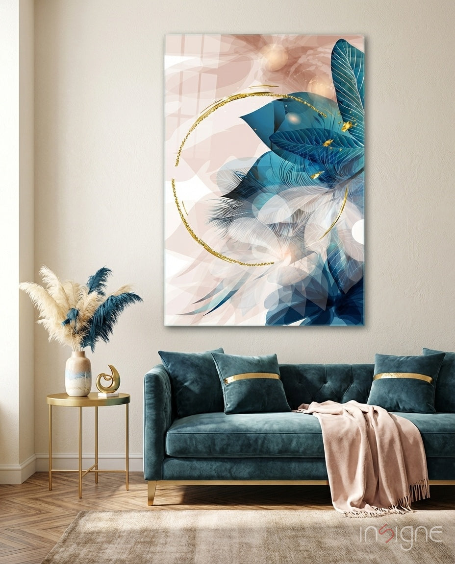 Gold Ring and Teal Feather Blooms Glass Wall Art