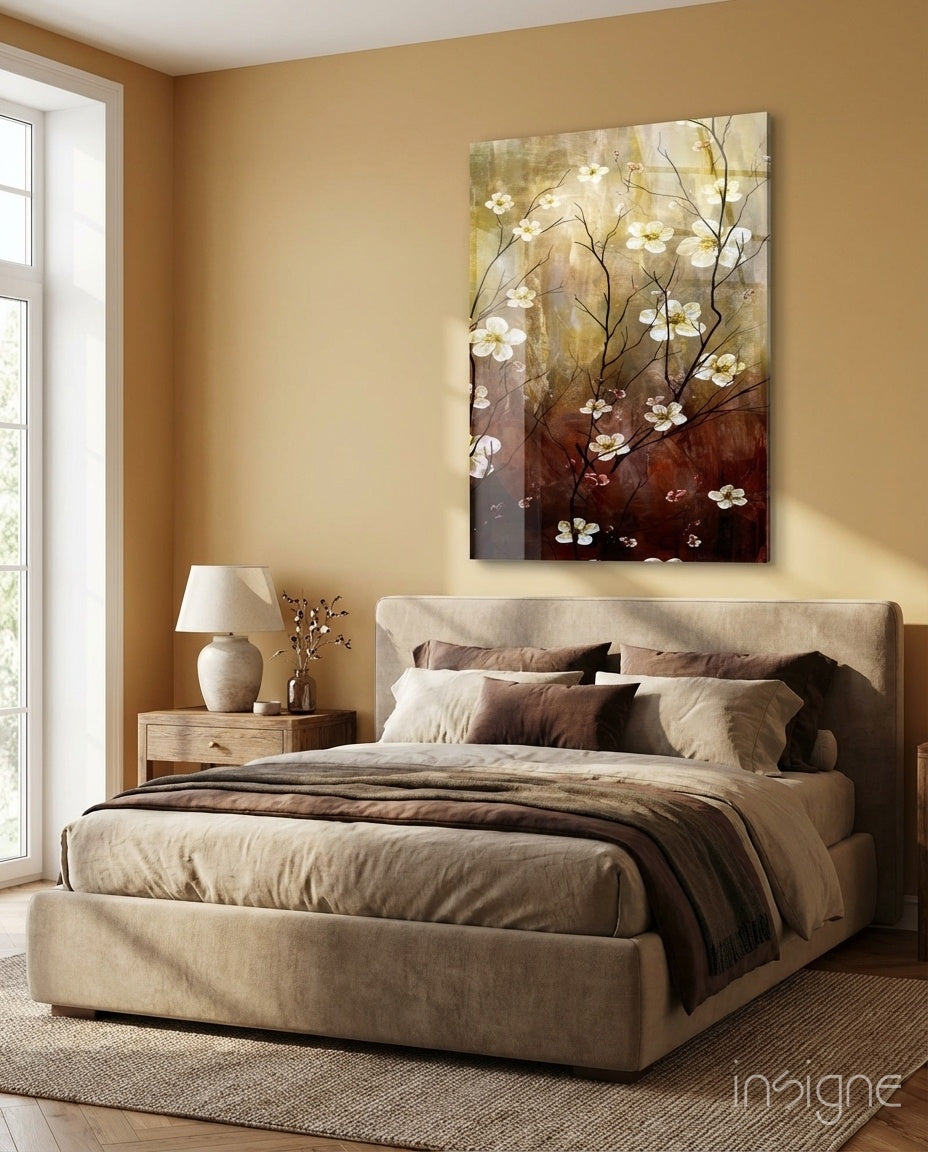 Amber Brown Blossom Branch Panel Glass Wall Art