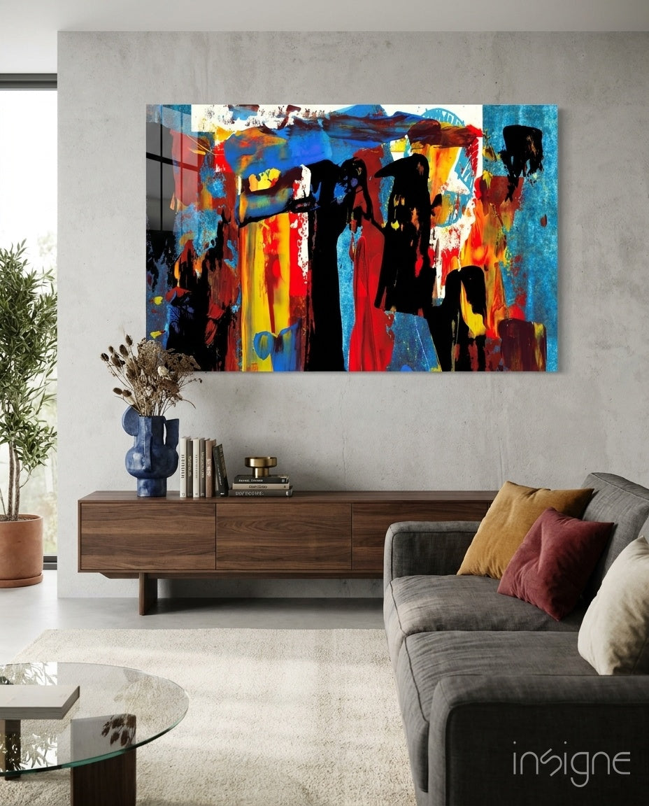 Blue Red Expressive Figures Glass Wall Art