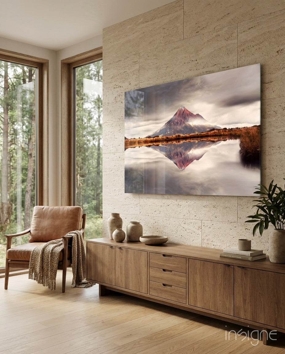 Rust Red Peak Mirrored in Still Lake Glass Wall Art