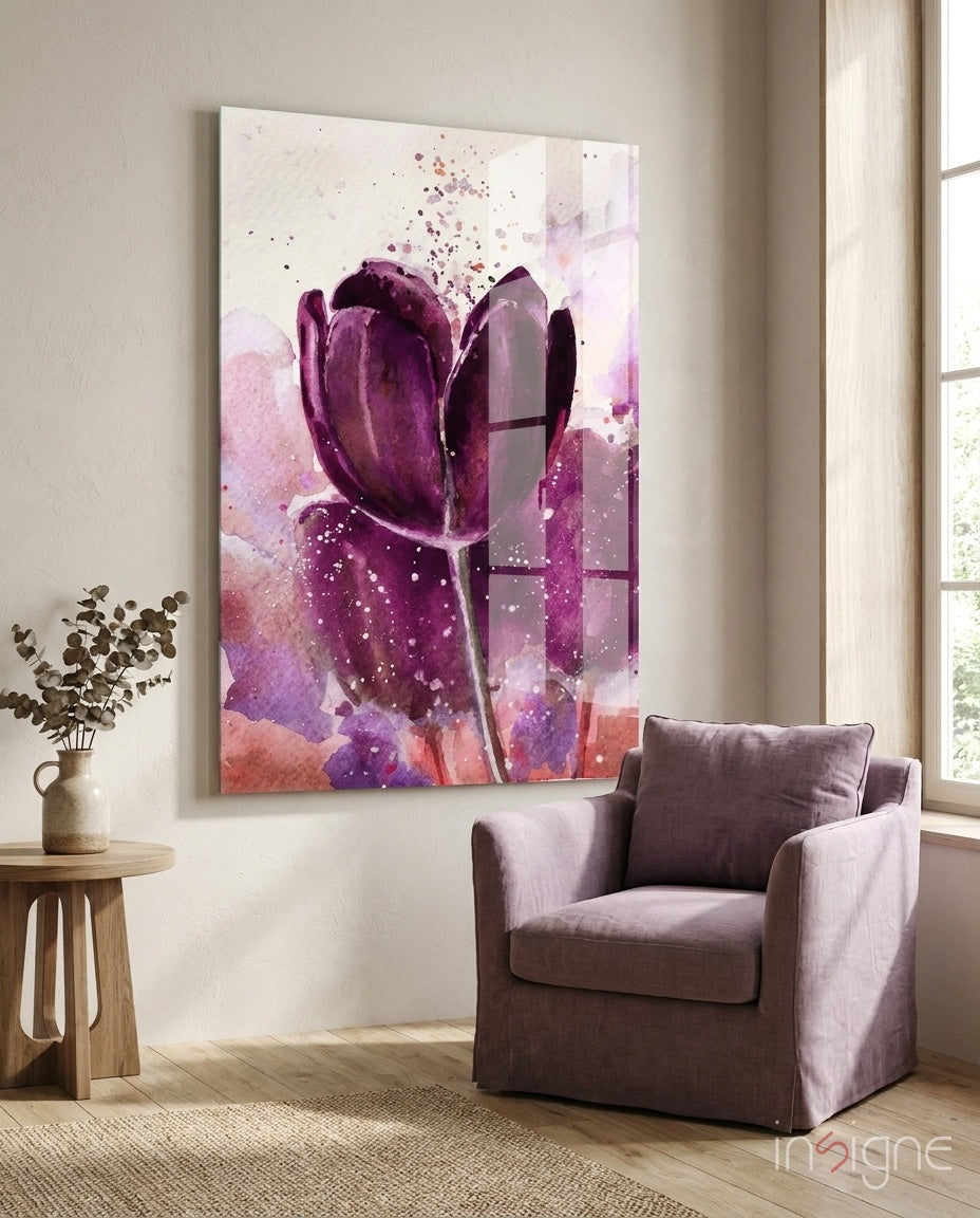 Deep Purple Watercolor Tulip Bloom Glass Wall Art