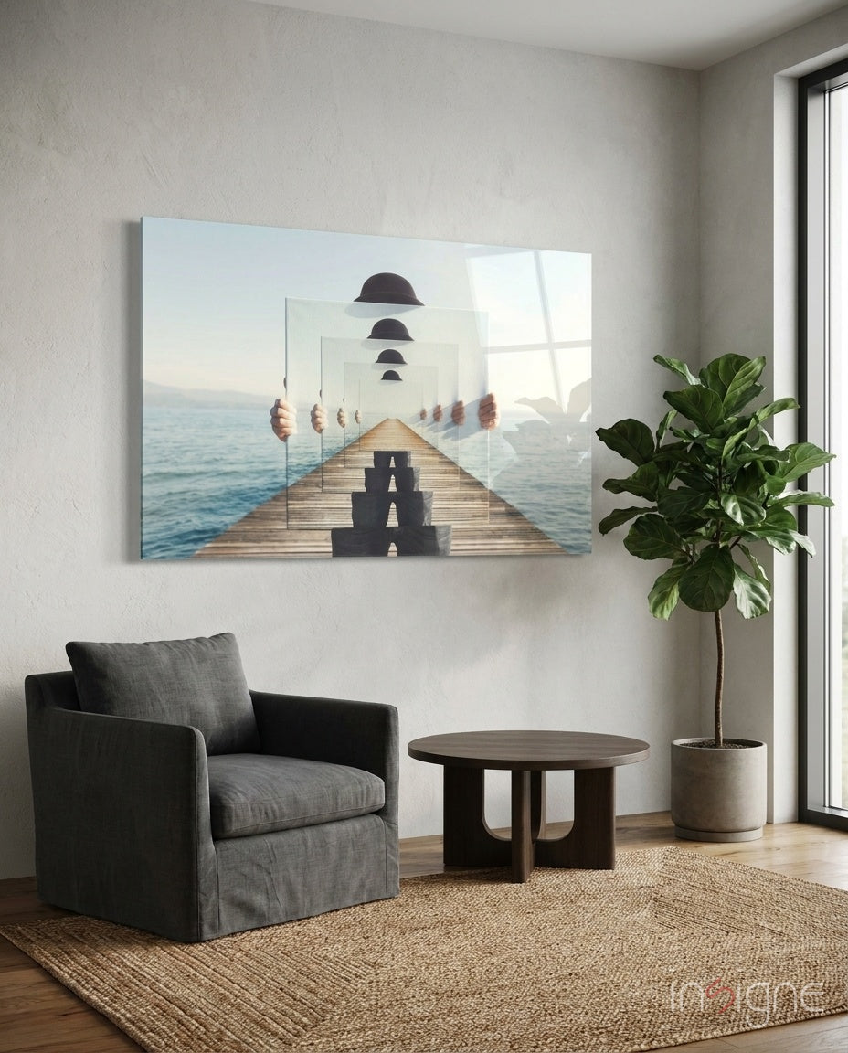 Surreal Recursive Pier Bowler Hat Man Glass Wall Art