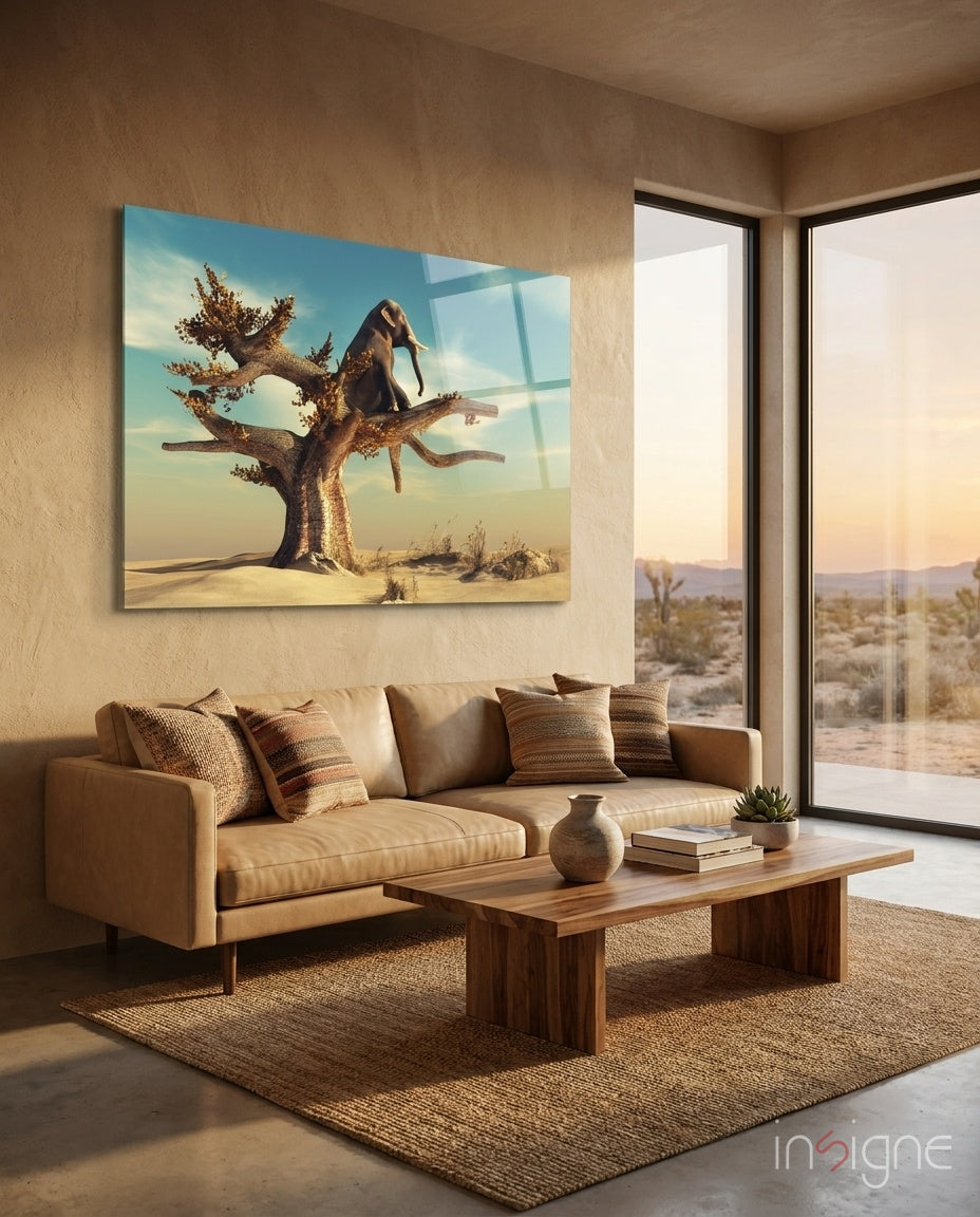 Thinking Elephant Glass Wall Art