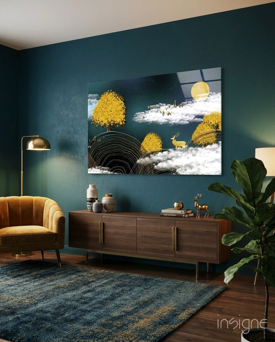 Golden Trees Deer And Clouds Glass Wall Art