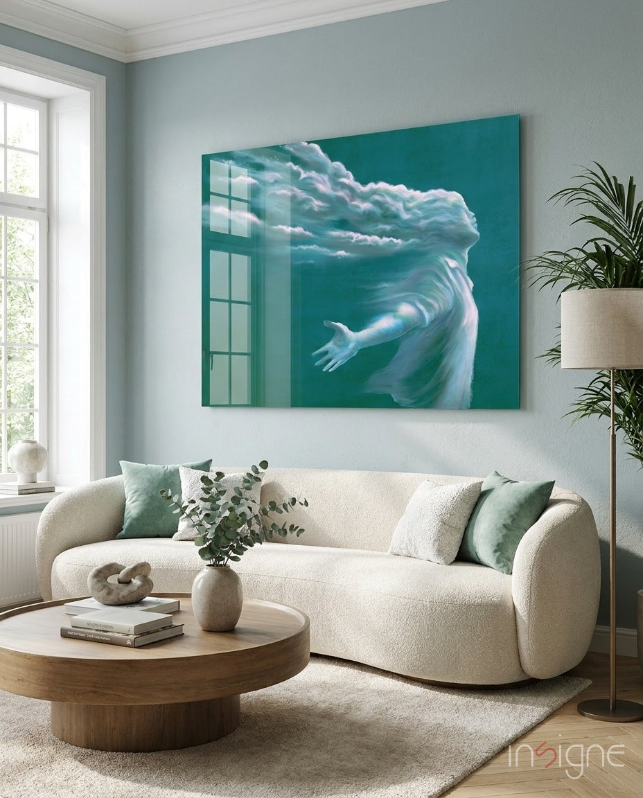Cloud Head Figure Reaching Hand Teal Glass Wall Art
