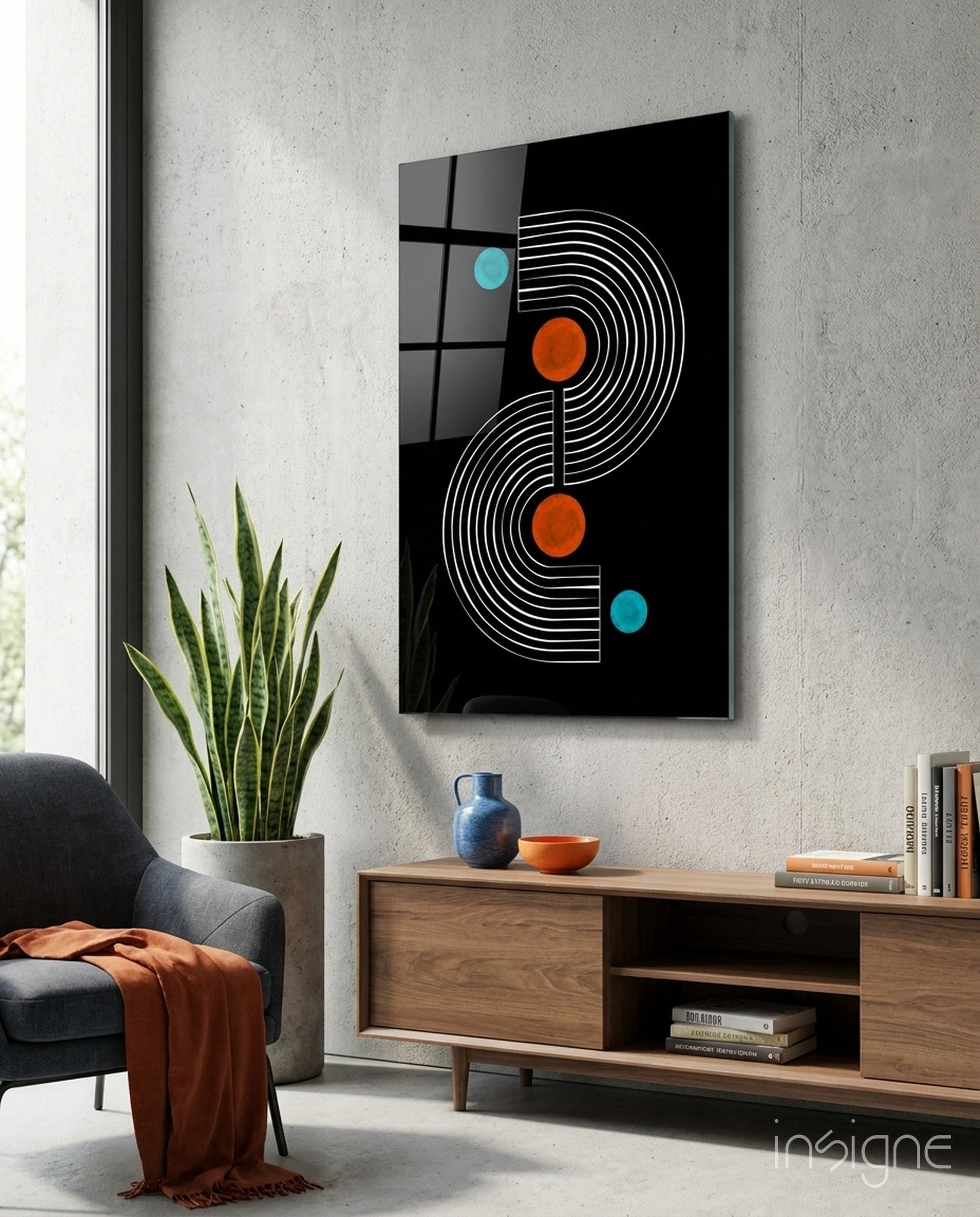 Black Mid Century S Arch Orange Dots Glass Wall Art