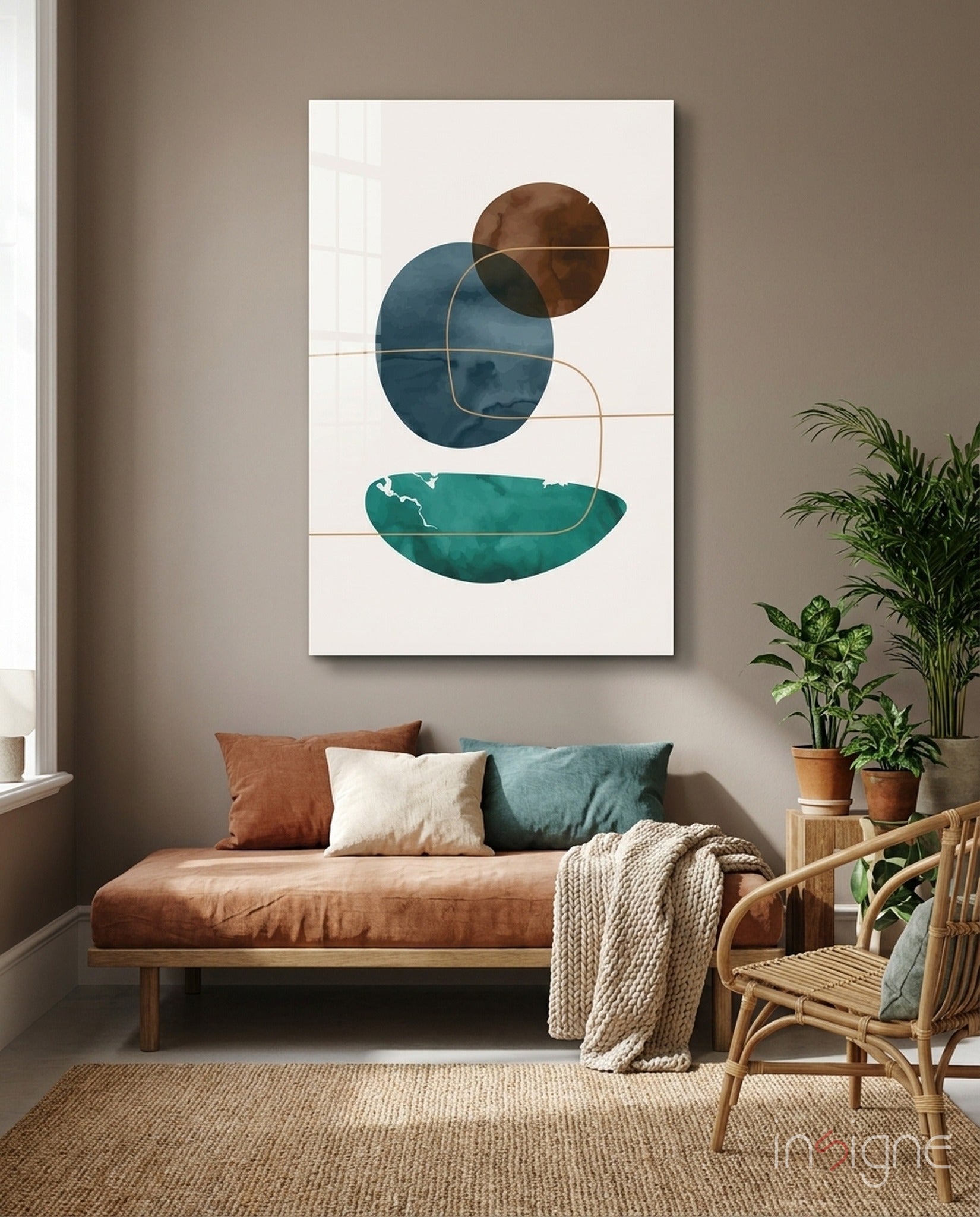 Teal Bowl And Navy Circle Shapes Glass Wall Art