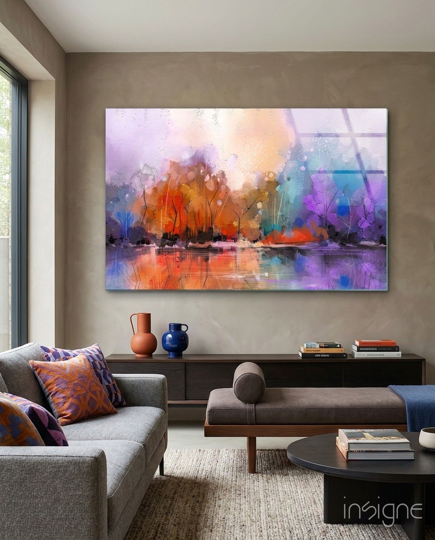 Colorful Autumn Forest Lake Glass Wall Art