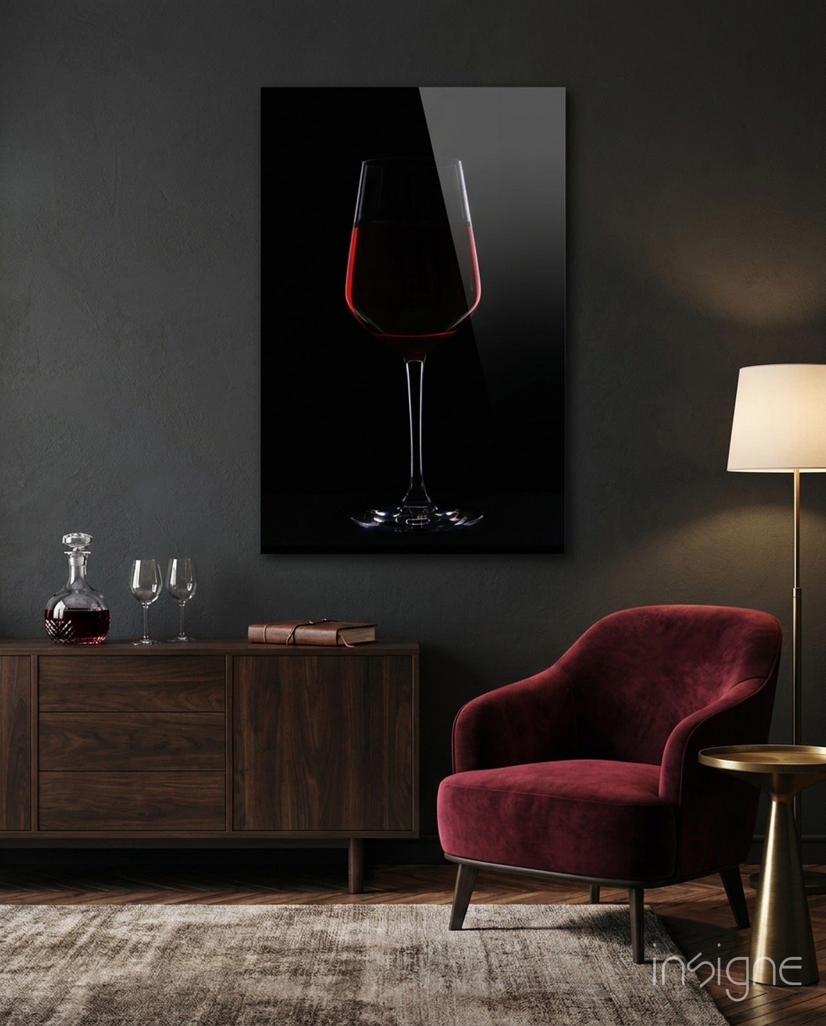 Half Filled Red Wine Glass on Black Glass Wall Art