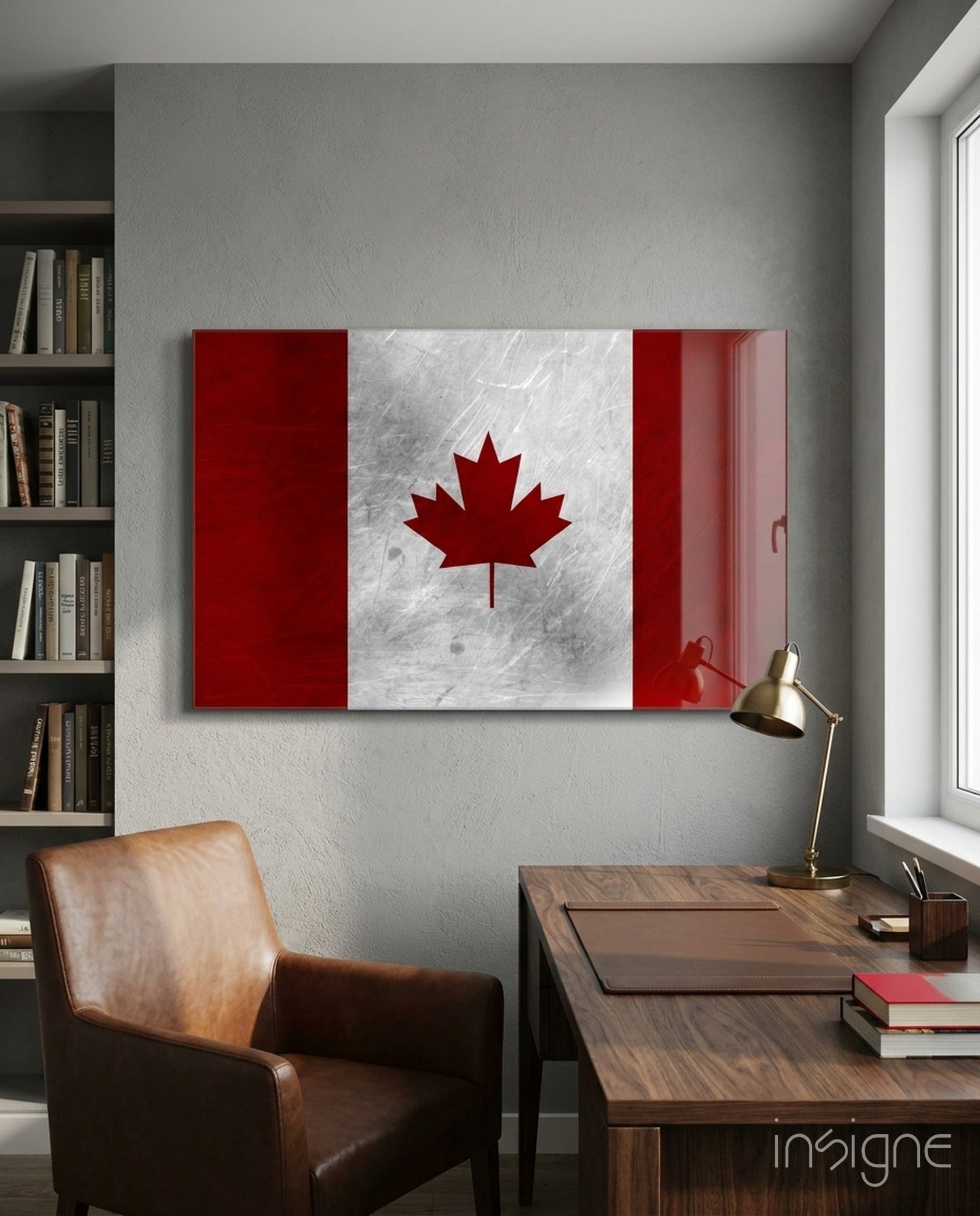 Scratched Metal Canada Maple Leaf Flag Glass Wall Art