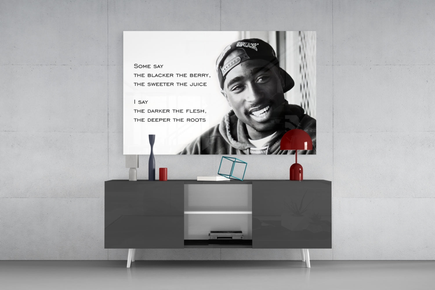 Smiling Rapper In Cap With Quote Glass Wall Art