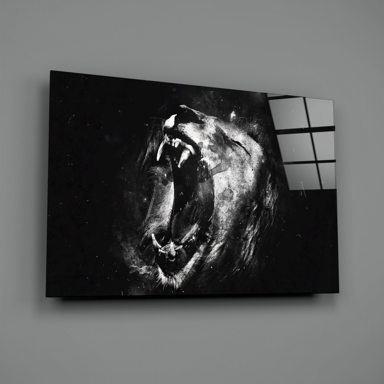 Black and White Roaring Lion Glass Wall Art