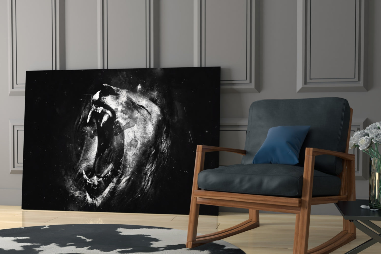 Black and White Roaring Lion Glass Wall Art