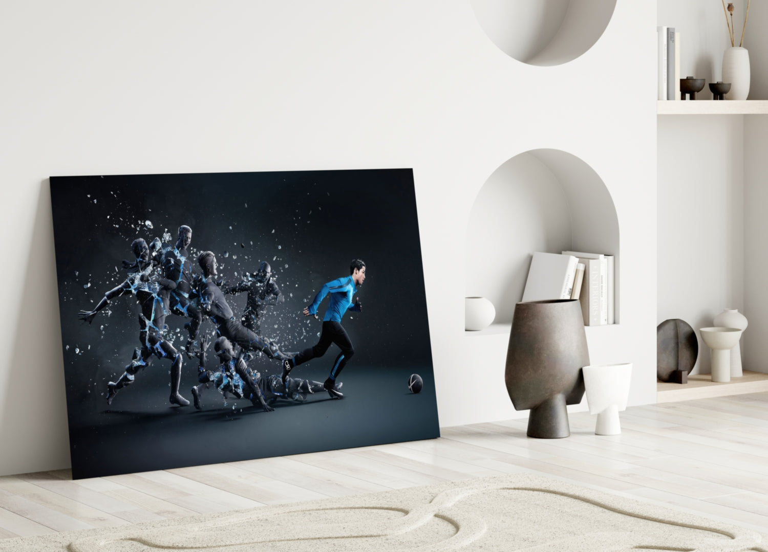 Shattering Blue Footballer Glass Wall Art