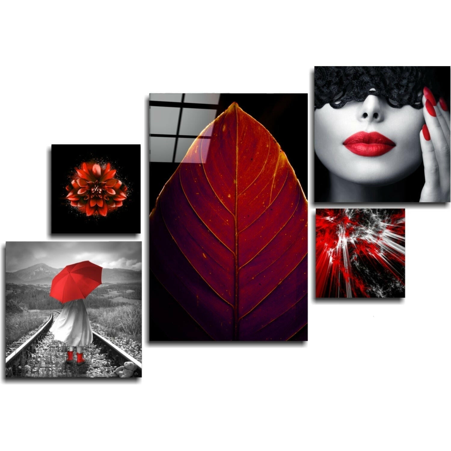 Red Accent Five Piece Collage Glass Wall Art
