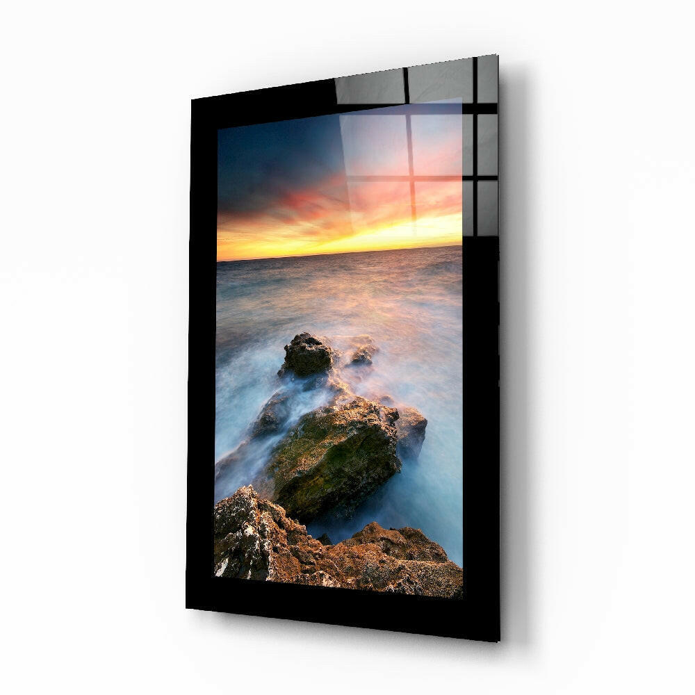 Misty Coastal Rocks Sunset Glass Wall Art