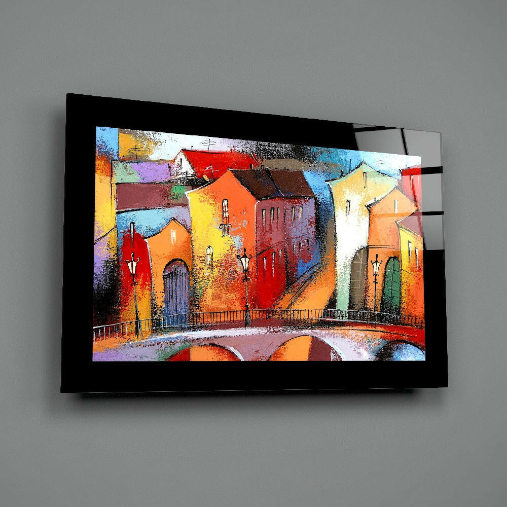 Vivid Old Town Bridge Houses Glass Wall Art