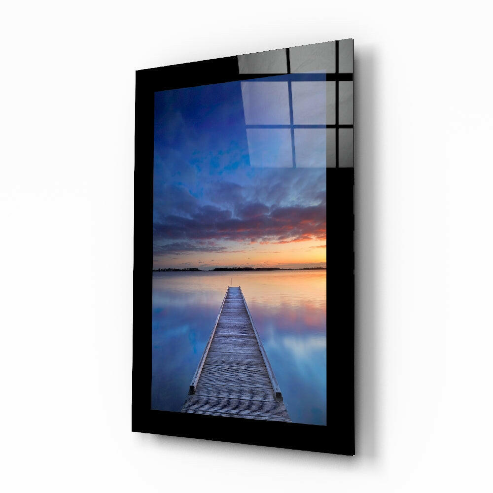Long Jetty Into Blue Dusk Lake Glass Wall Art