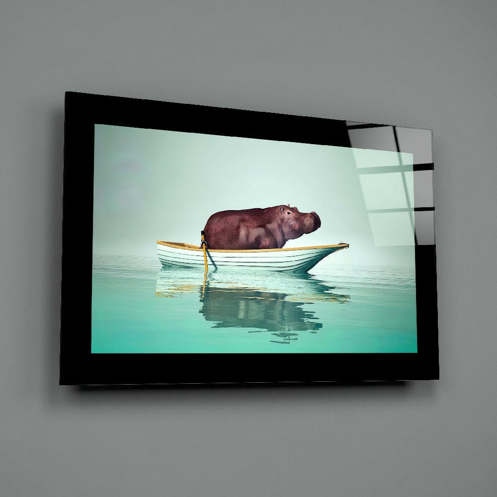 Hippo in Rowboat on Turquoise Sea Glass Wall Art