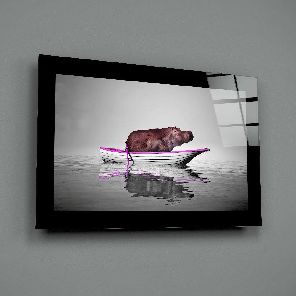 Hippo in Pink Trimmed Boat on Gray Glass Wall Art