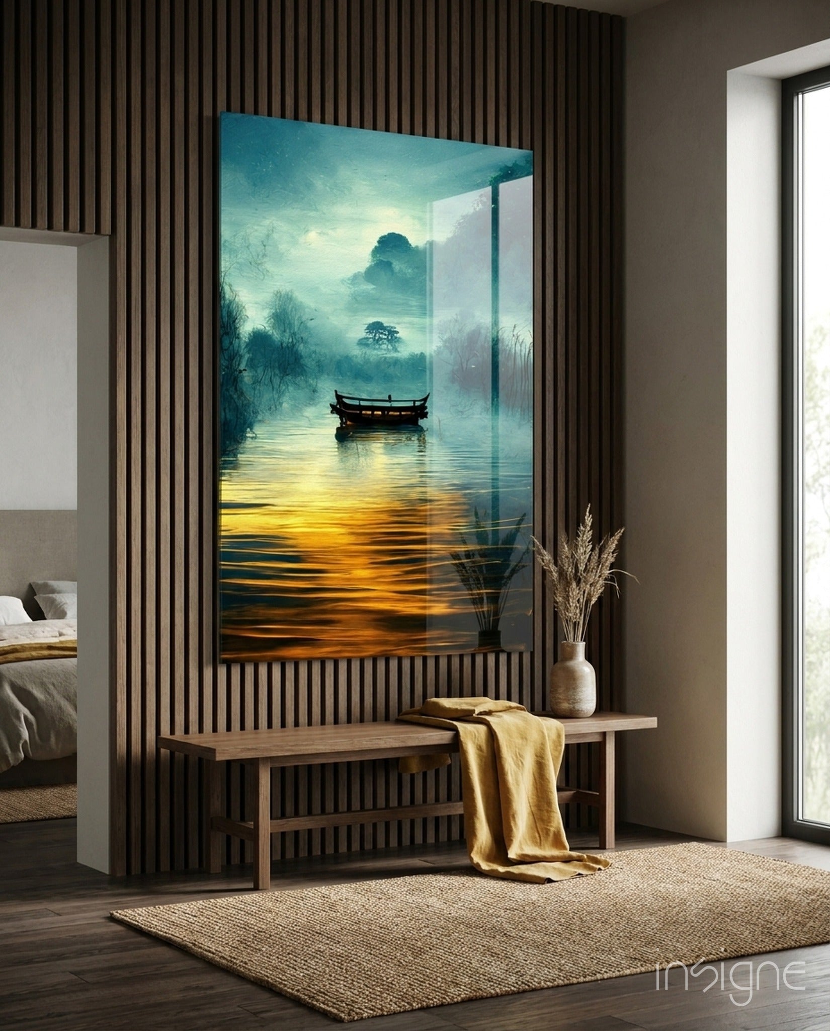 Foggy Lake Boat at Amber Dawn Glass Wall Art