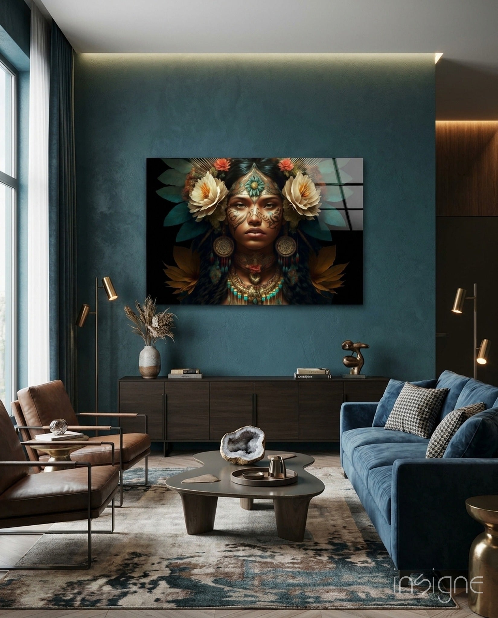 White Roses Gold Teal Headdress Woman Glass Wall Art