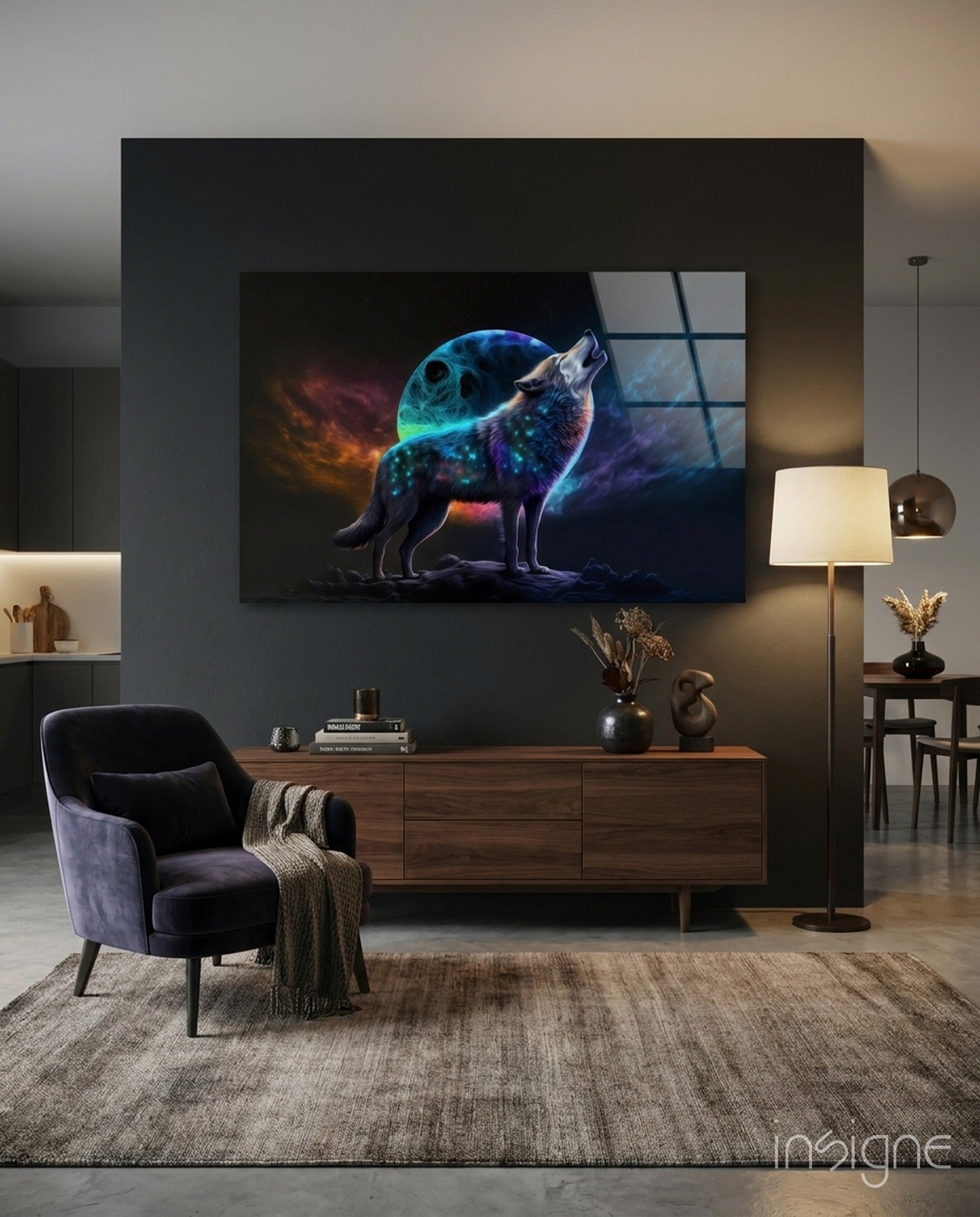 Neon Wolf Howling On Rocky Ridge Glass Wall Art