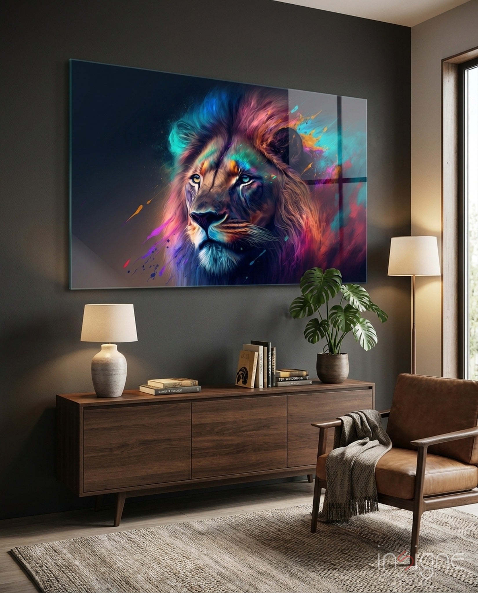 Violet Teal Mist Regal Lion Face Glass Wall Art