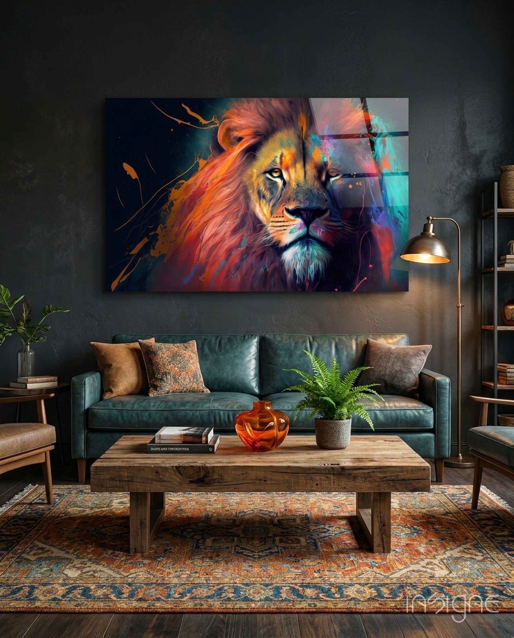 Coral Pink Mane Watchful Lion Glass Wall Art