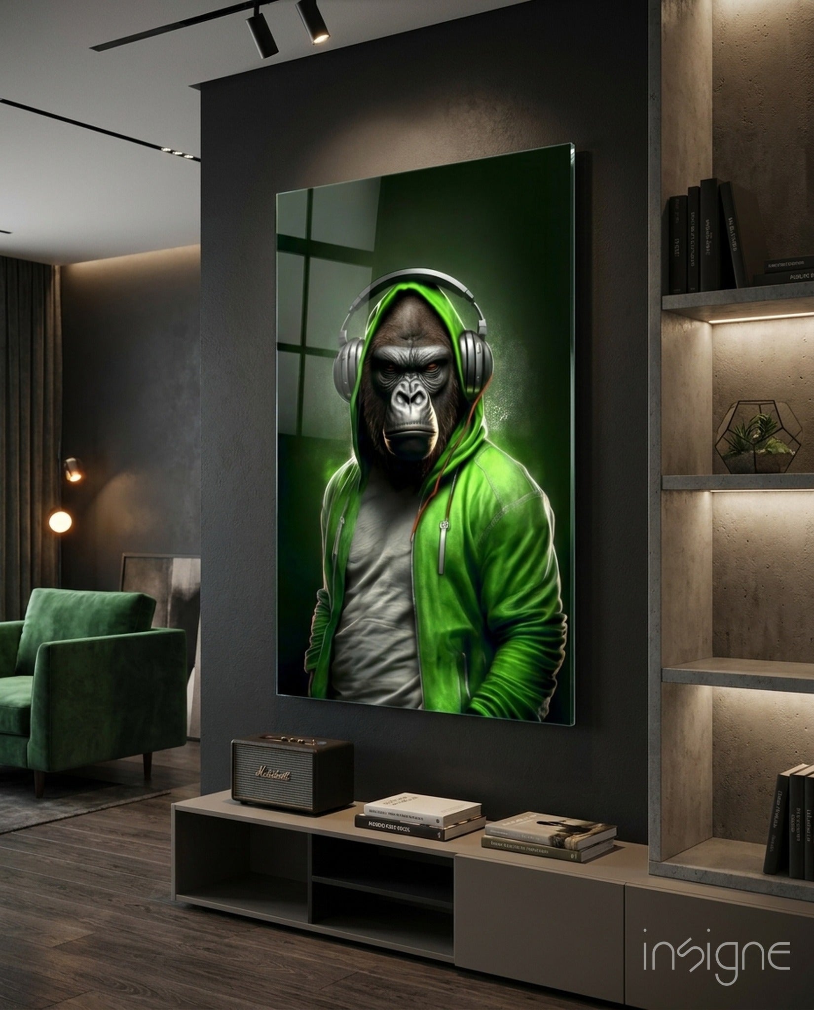 Gorilla in Lime Green Hoodie Headphones Glass Wall Art