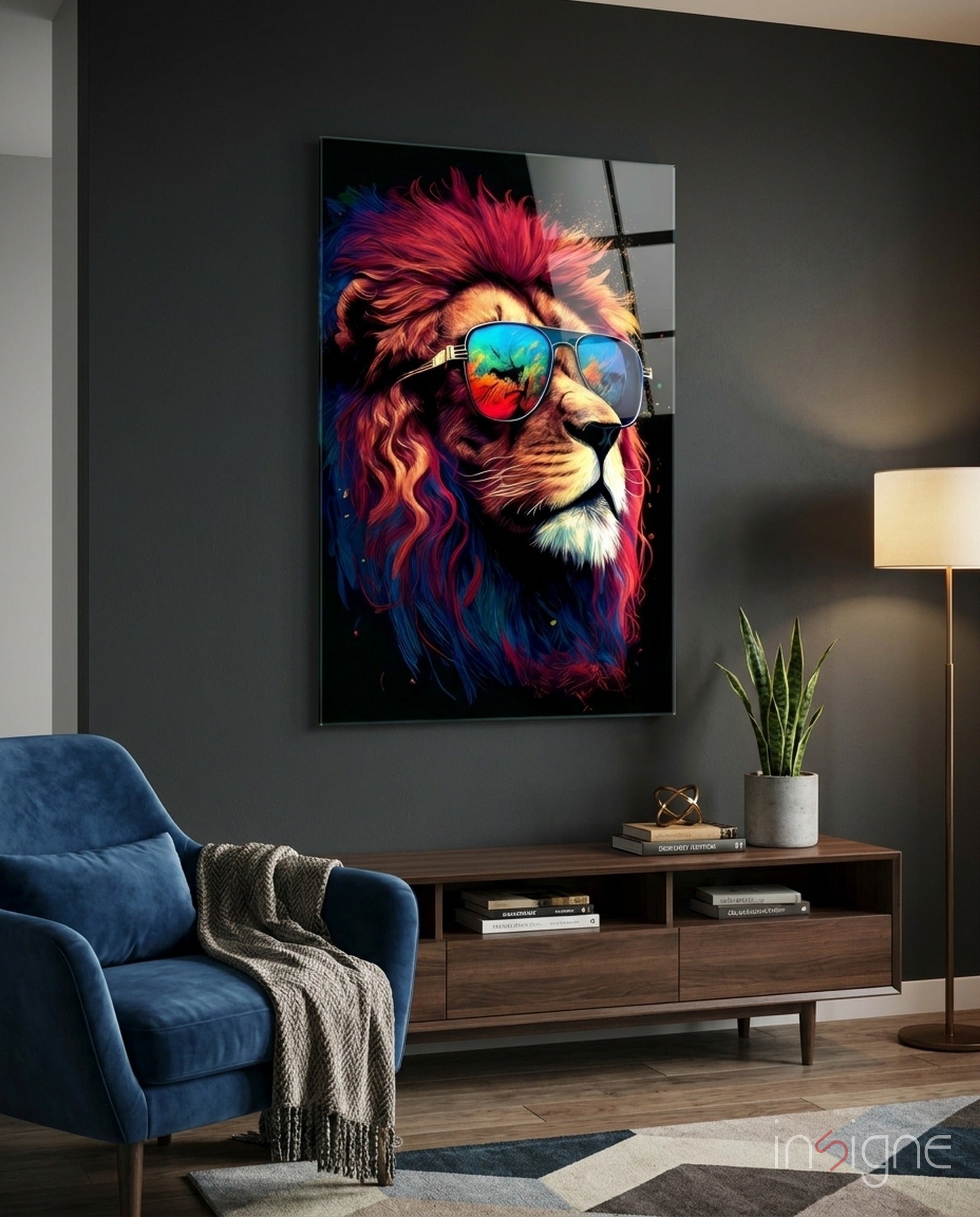 Crimson Mane Lion Mirrored Aviators Glass Wall Art