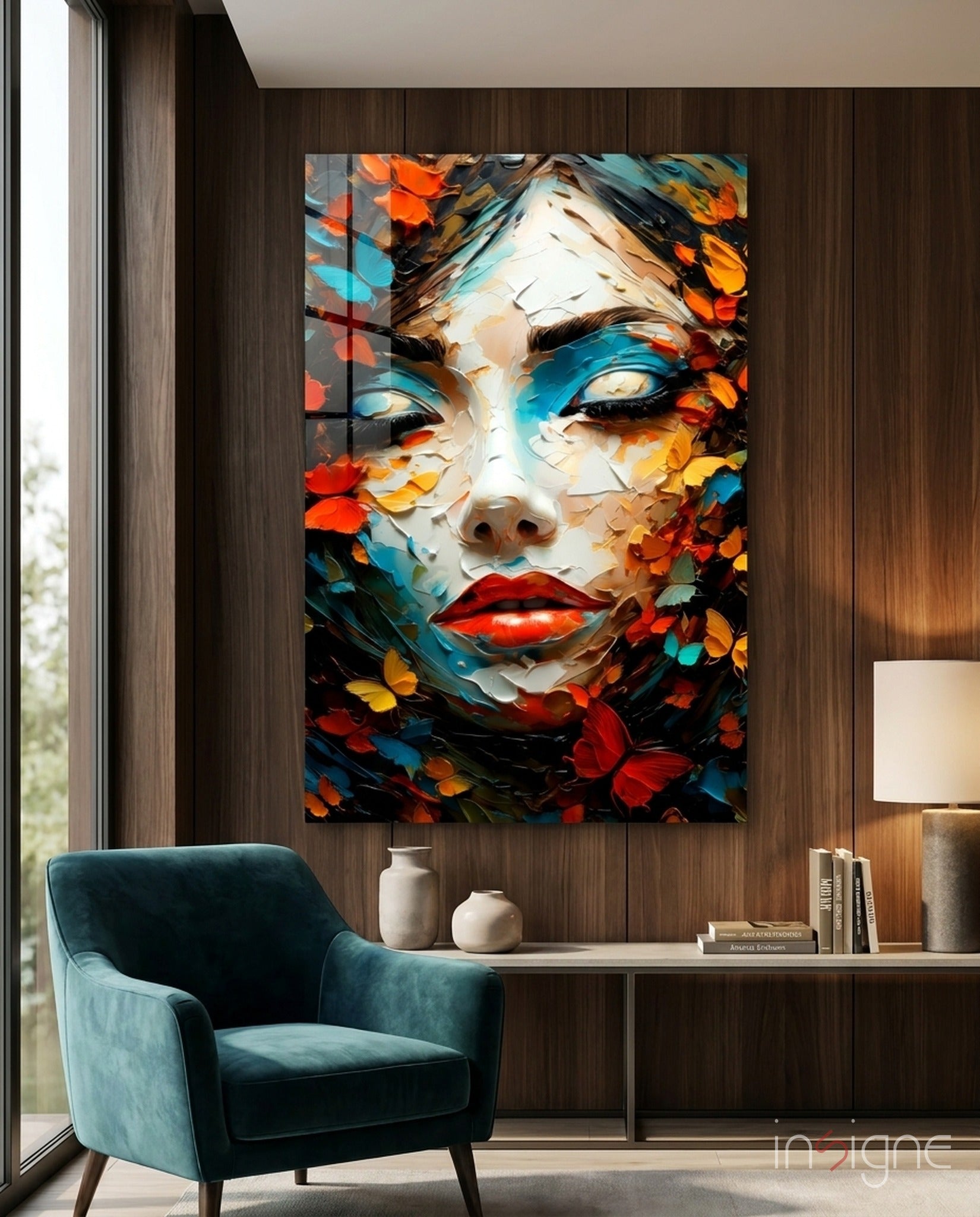Red Lips Palette Knife Woman in Leaves Glass Wall Art