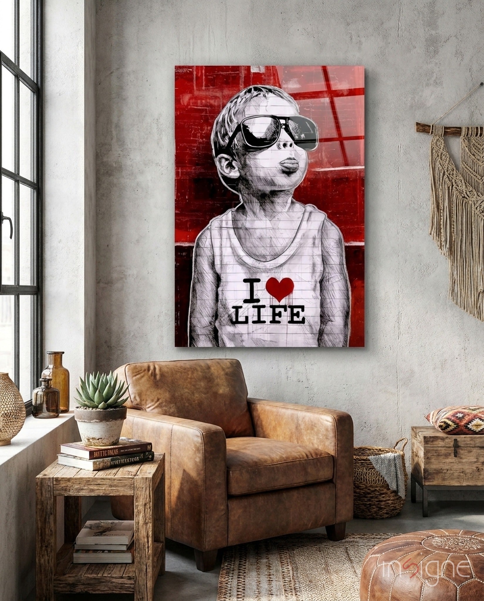 Red Wall Sunglasses Boy Glass Wall Art