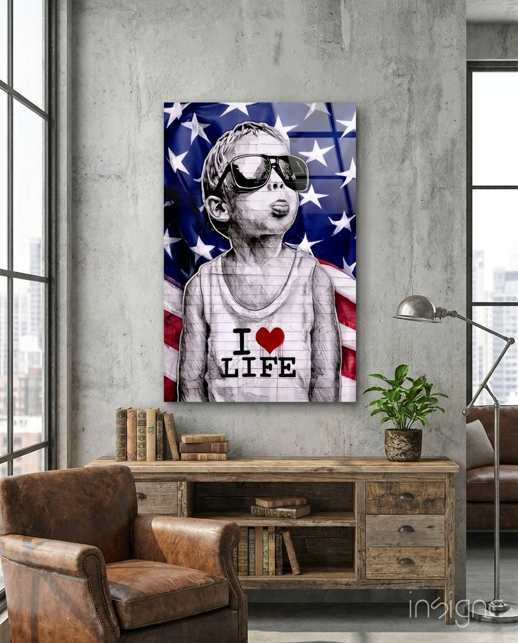 American Flag Sunglasses Boy Glass Wall Art