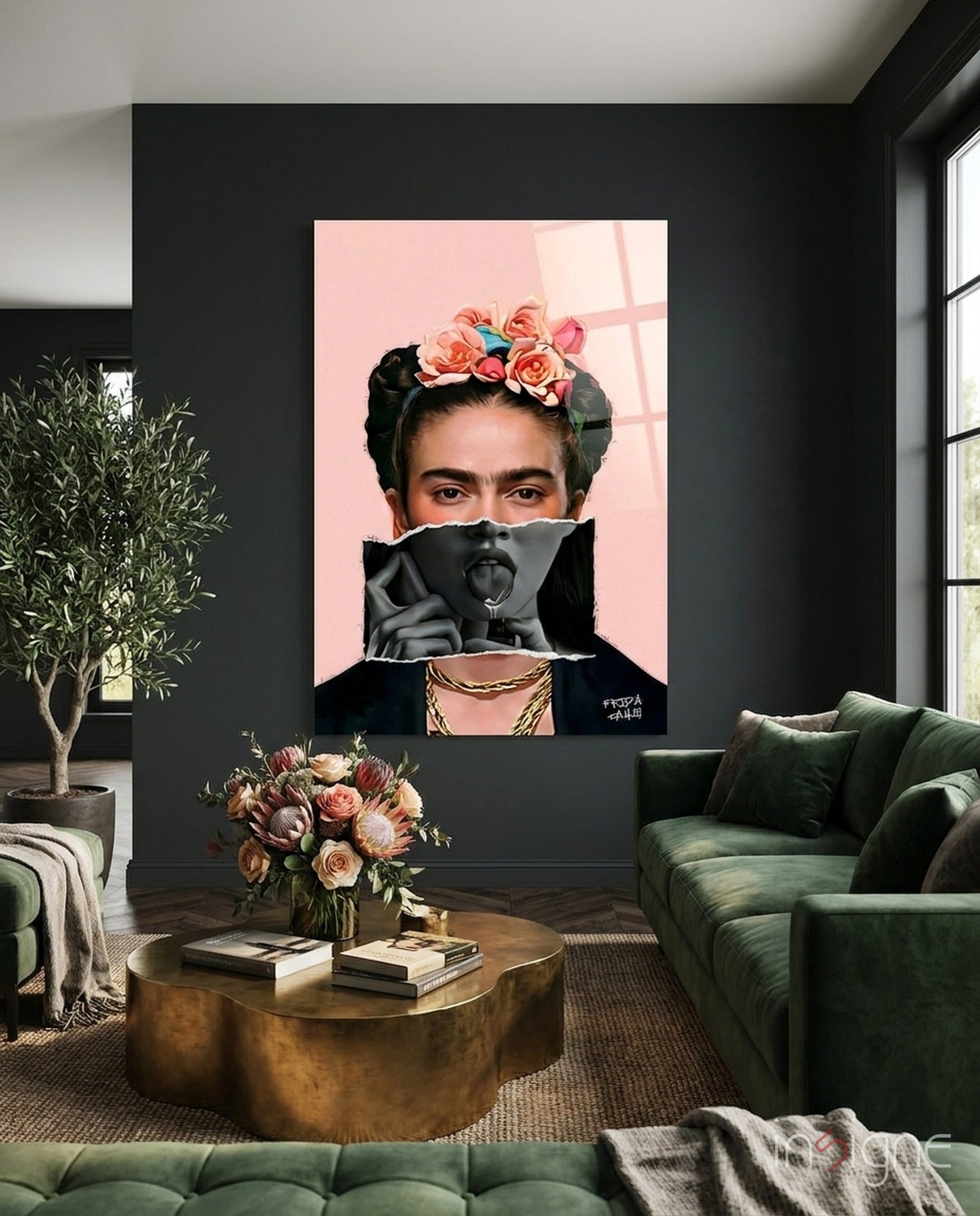Contemporary Floral Crown Portrait Glass Wall Art || Designer Collection